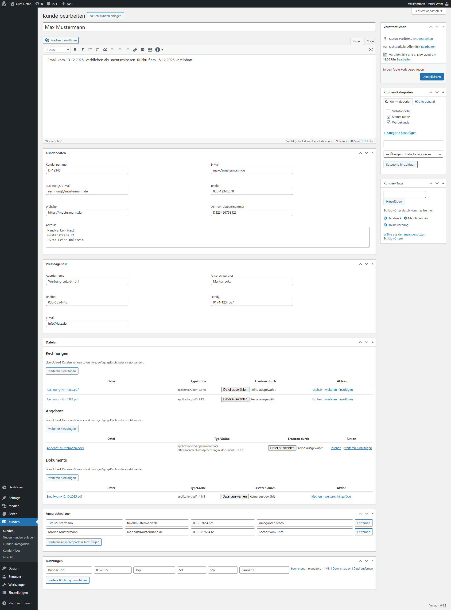 Wordpress CRM – Kundendetails mit Dateien
